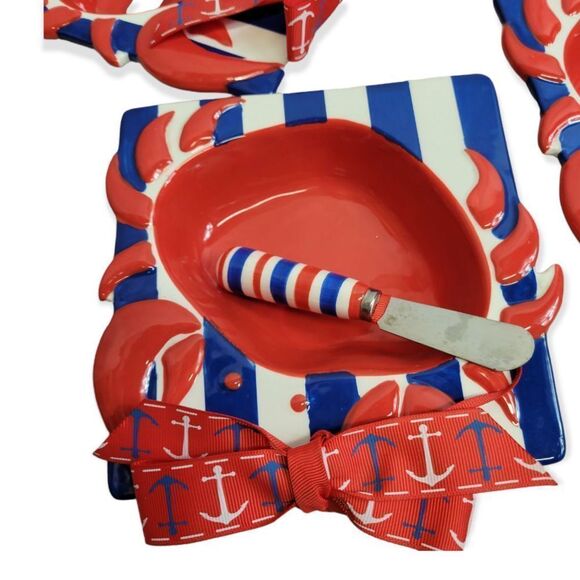 Amazon.com: Mud Pie Can-Berry Ceramic Cranberry Serving Dish  Mud Pie set of 4 crab dip bowl with spreader, nautical red white blue
